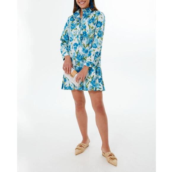 TUCKERNUCK Tate Ikat Blue Green Mini Ruffle Pleated Cotton Poplin Shirt Dress S - Picture 1 of 13